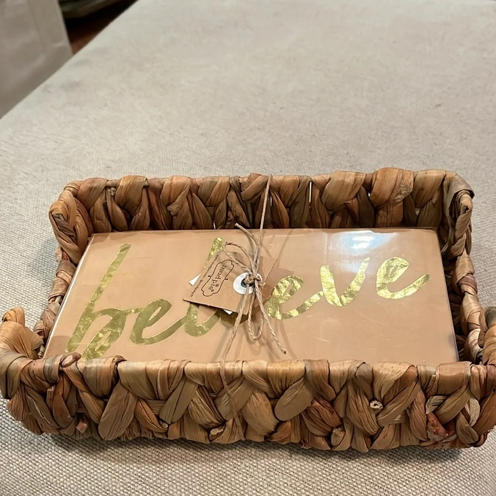 Mud Pie Believe Gold Guest Towel Basket Set/New In Package/NWT